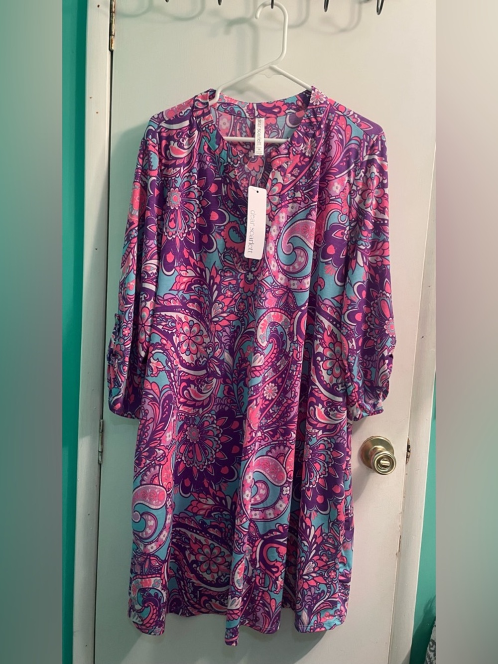 Dear Scarlett Purple & Teal Paisley Scalloped V-Neck Shift Dress2x